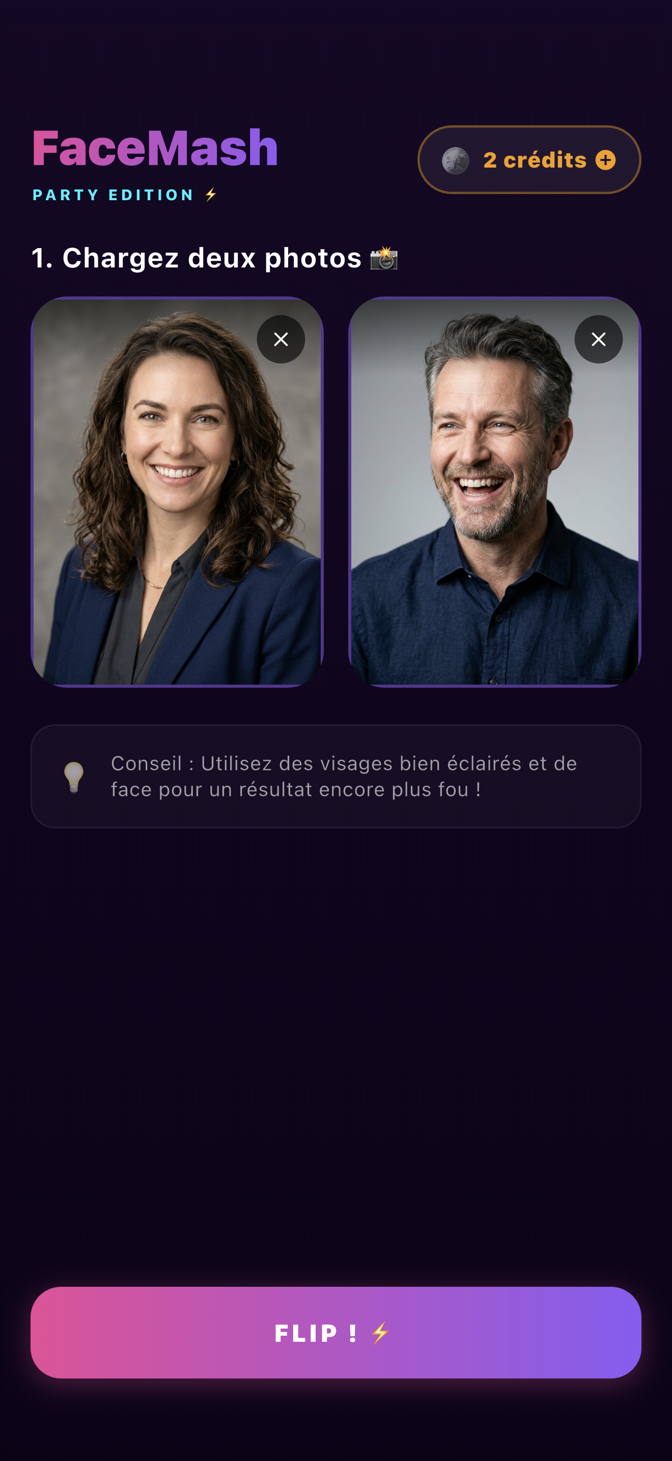 Écran de génération FaceMash Party avec deux portraits