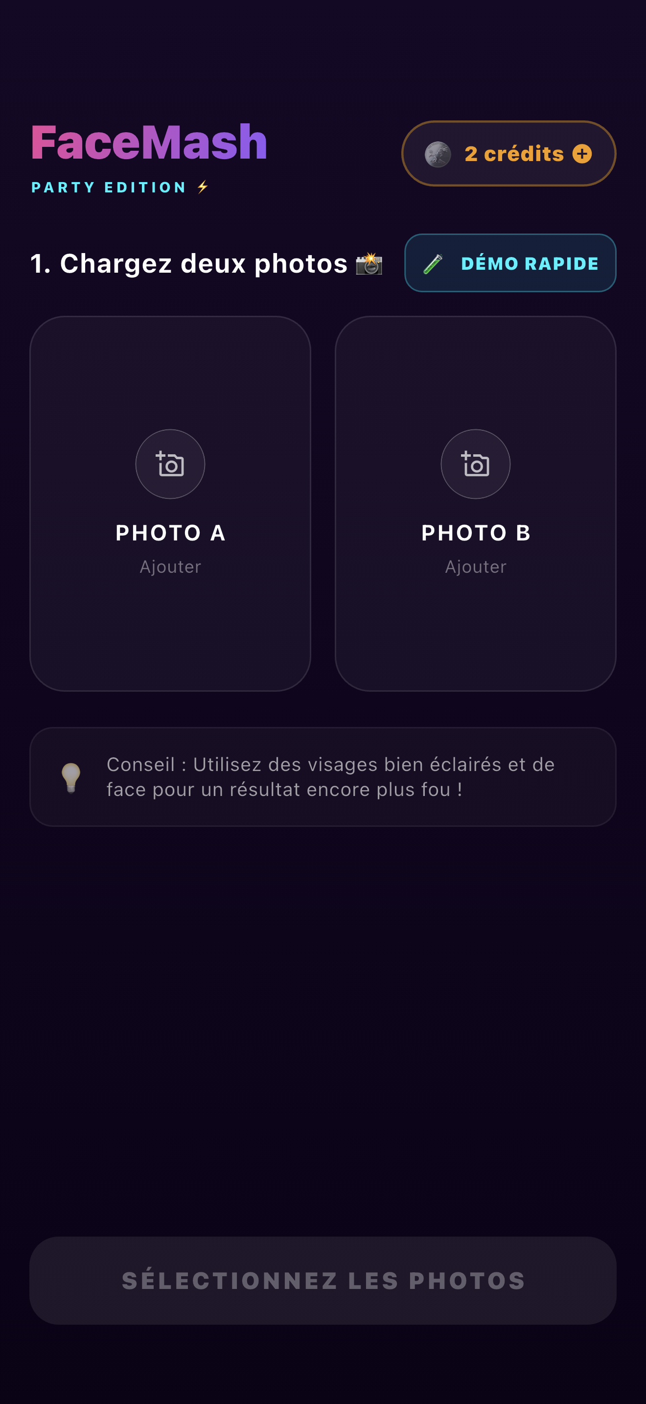 Écran de démarrage de FaceMash Party