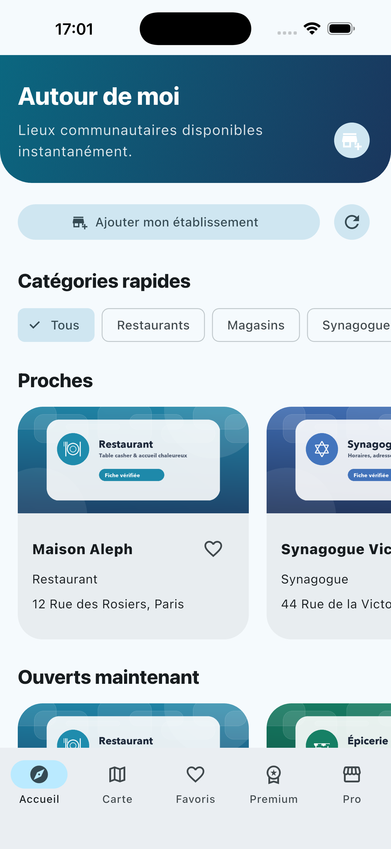 Accueil géolocalisé de l’application KehillaFinder