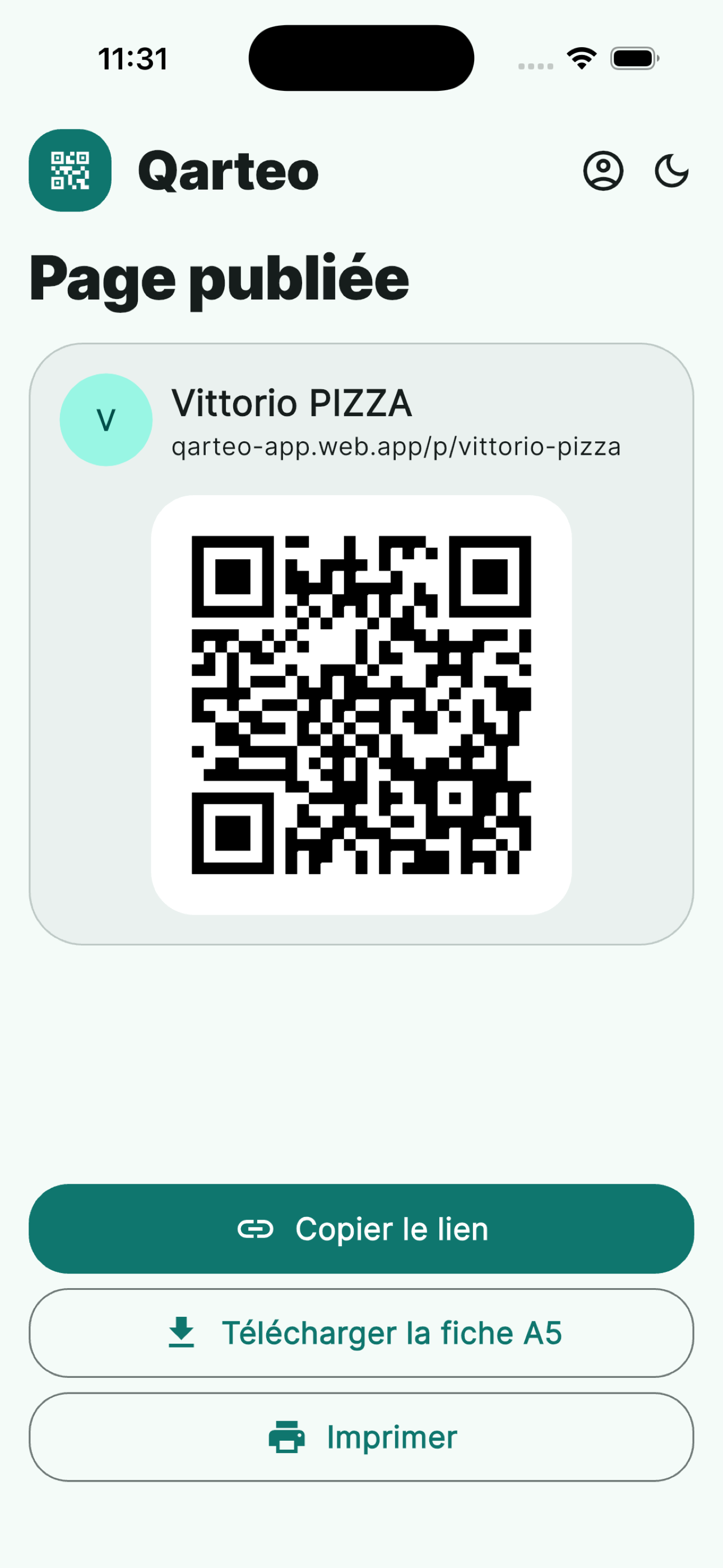 Page QR publiée depuis l’application Qarteo